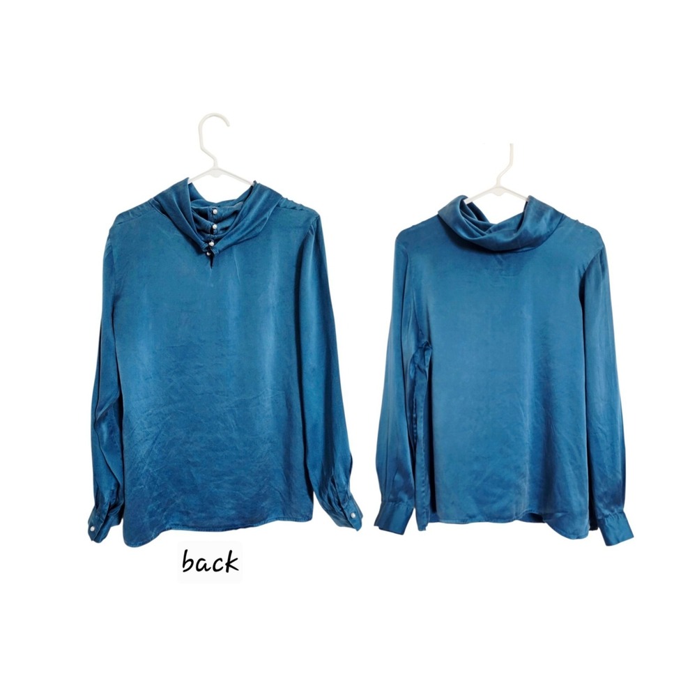 VTG 90s Neiman Marcus 100% Silk Blouse Sz 10 Teal Cowl Neck Elegant Modest Luxe